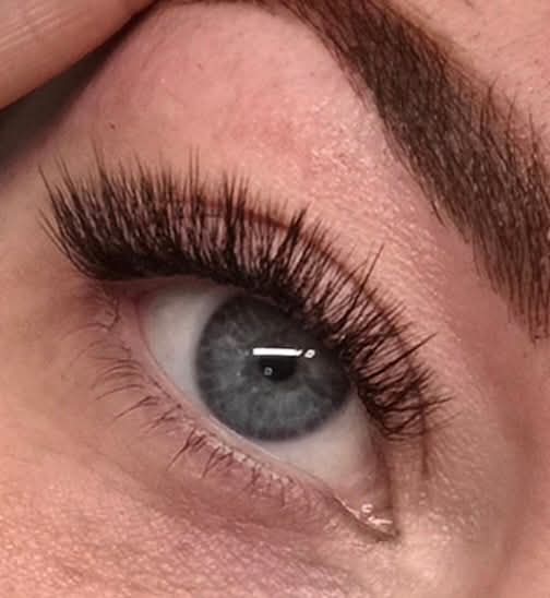 Close-up of eyelash extensions and laminated brows