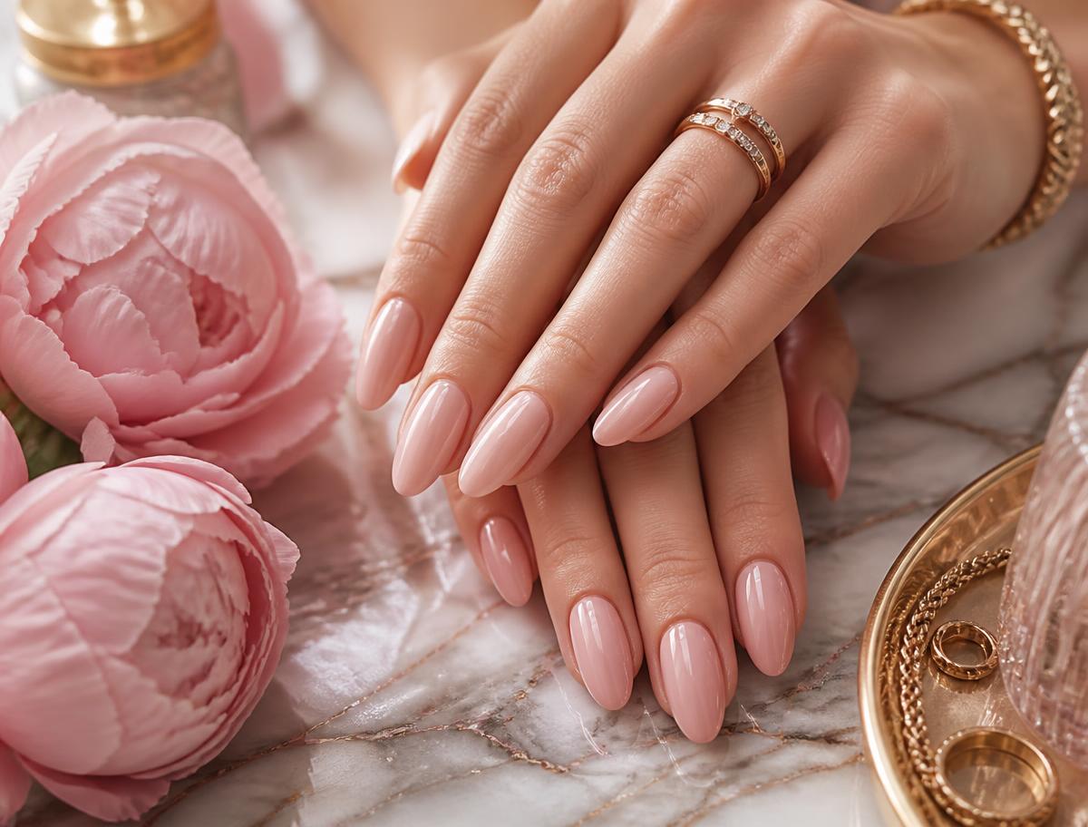 Glossy pale pink almond gel nails after a BIAB manicure